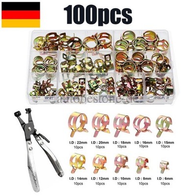 100tlg Benzin Schlauchschellen Set Ohr Schlauchklemmen Federklemmen KFZ Werkzeug
