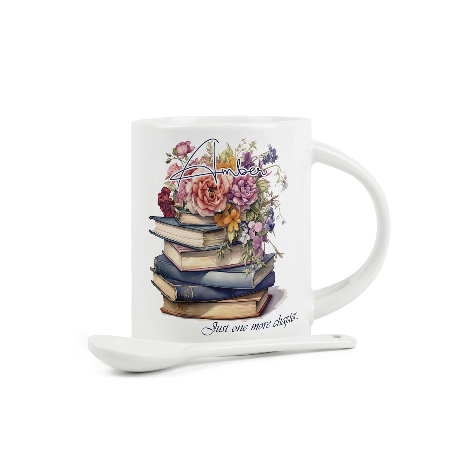 Personalised Floral Books Mug & Spoon Set - Ceramic Hot Drinks Cup for Bookworms