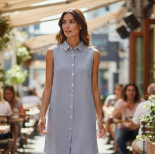 Tahari Womens Small Blue Striped 100% Linen Button Front Shirt Dress Size S