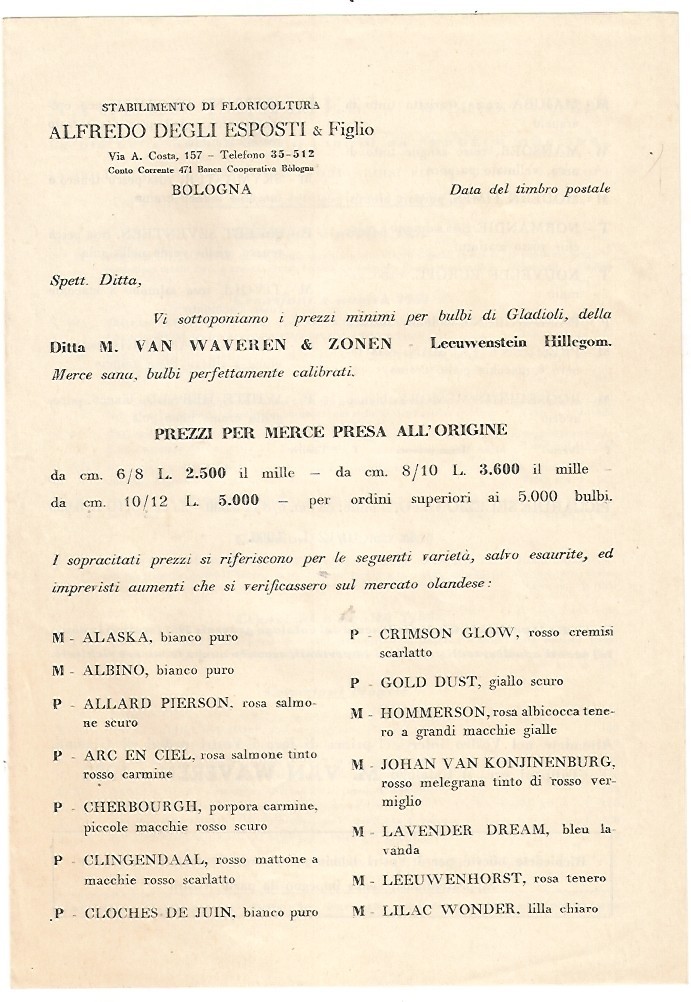 Bologna 1952, Floricoltore A. Degli Esposti, Listino Gladioli ditta Van Warven.