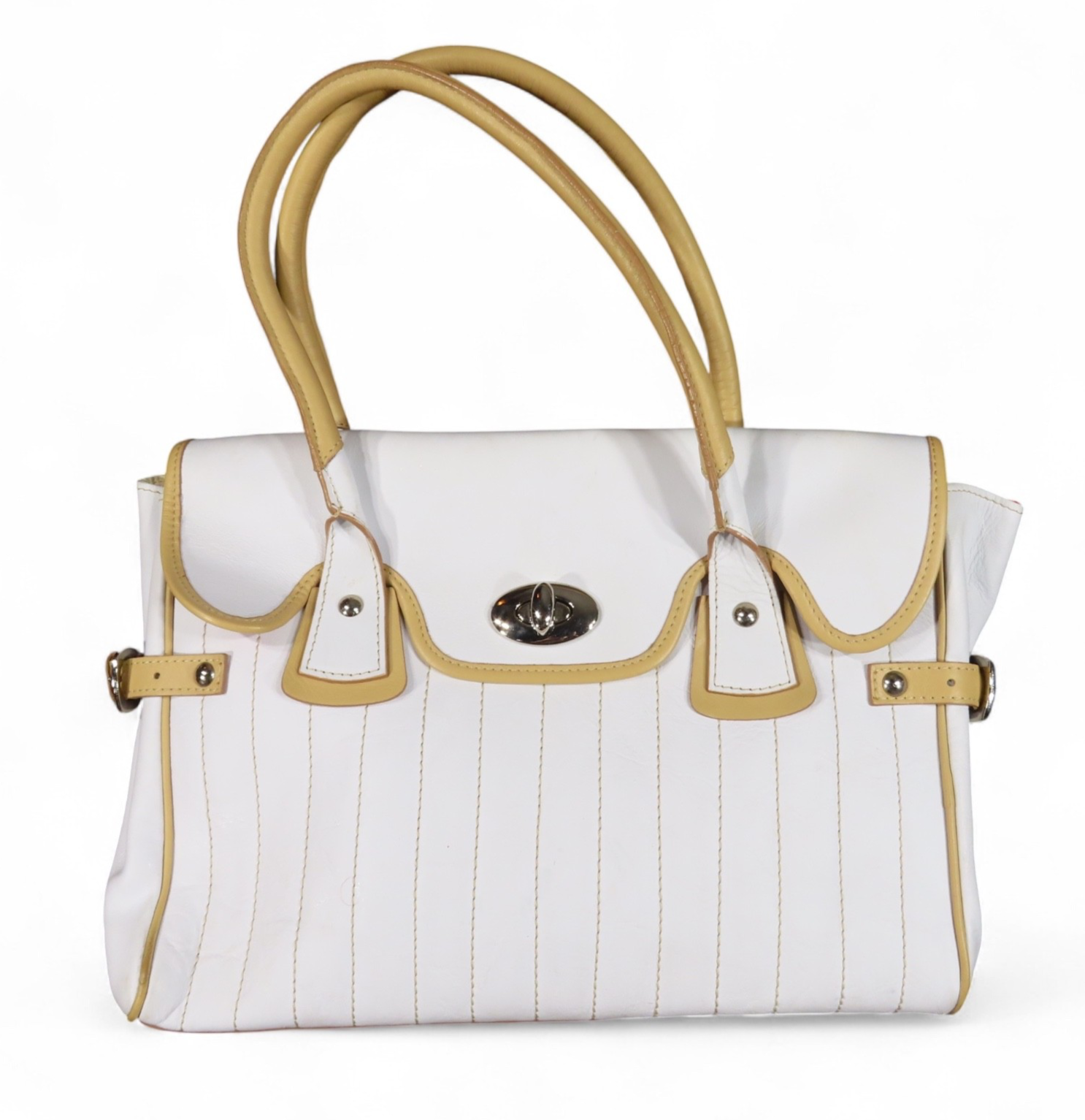 CLAUDIA FIRENZE Italian White Leather Purse Bag 2-HANDLE SATCHEL w/FLAP Tan Trim