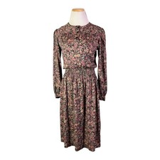 Vintage 80s Taurus II Size 8 Dark Floral Dress Smocked Waist Union Made