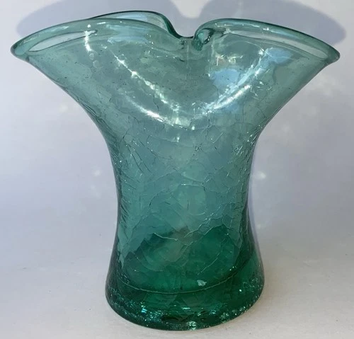 Vintage BLENKO Hand Blown Ocean Blue-Green CRACKLE Art Glass 6" Pinched Vase