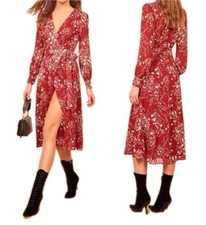 REFORMATION Women Susanna Dress Bryce Red Floral Wrap Midi V Neck Sz SMALL 