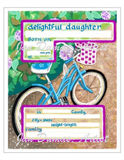 Hand Painted Birth Certificate Print: Daughter, 4-Leaf Clover, Bike, Baby Shower