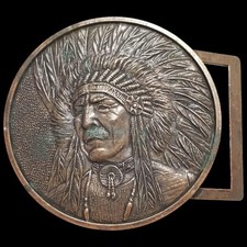 Vintage Belt Buckle Round Native American Chief Indian Southwest Indigenous