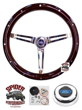 65-66 Ford F100 F250 F350 wood steering wheel BLUE OVAL 15" MUSCLE CAR MAHOGANY