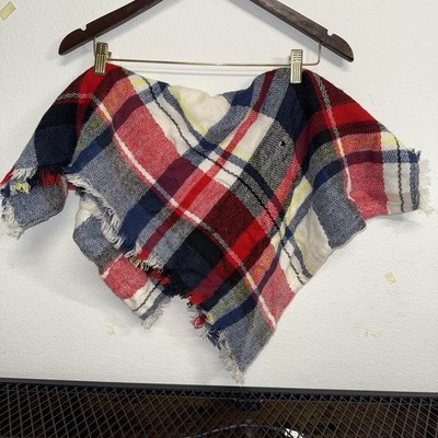 Plaid Infinity Scarf Red Blue White Fringe Oversized Acrylic Cozy Fall Winter