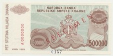 Croatia: Republic of Serbian Krajina 1993 500,000 Dinara Specimen UNC