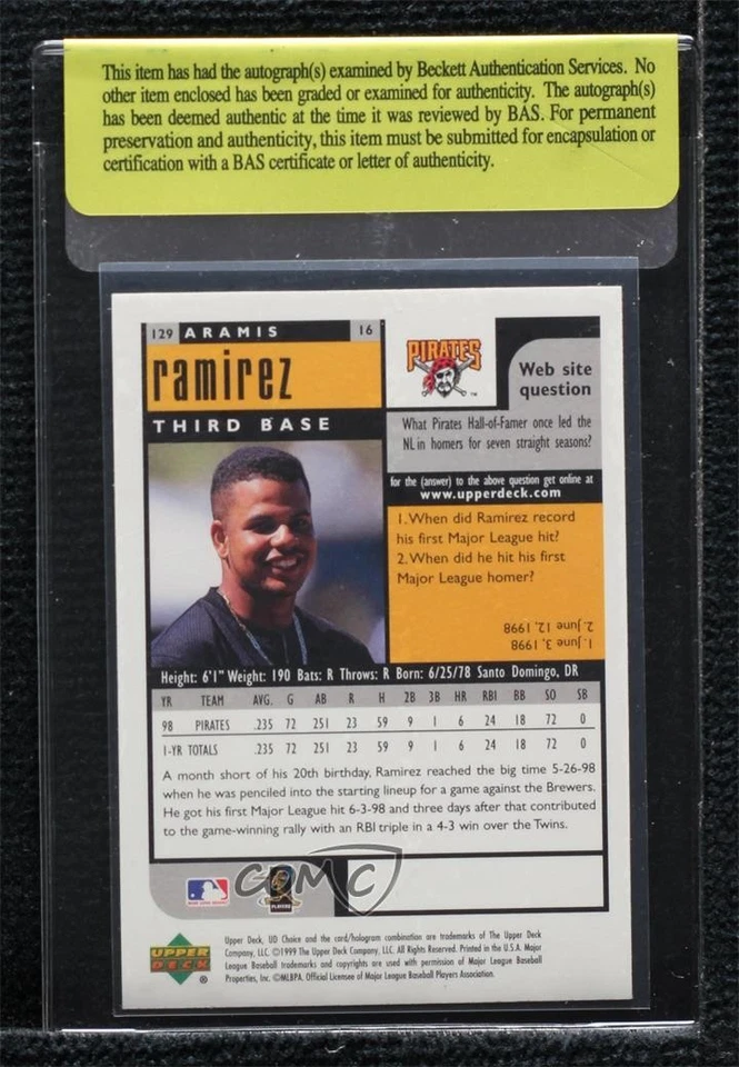 BAS 1999 Upper Deck UD Choice Aramis Ramirez #129 Authentic Auto - Image 2 of 2