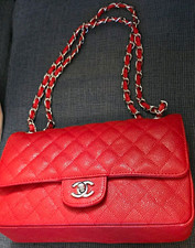 CHANEL Red Quilted Flap Chain Shoulder Bag Silver CC Turn Lock w/ Dust Bag