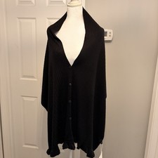 Accent Ribbed Knit Cardigan Poncho Ruffled hem Functional Buttons Draped Wrap