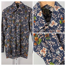 Vintage 60s Ever Pressed Poplin Art AOP Floral Mod Boho Dandy Shirt S Rockabilly