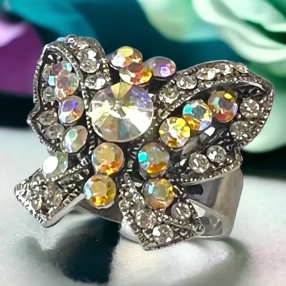 Butterfly Rhinestone Ring Adjustable Silver Tone … - image 1
