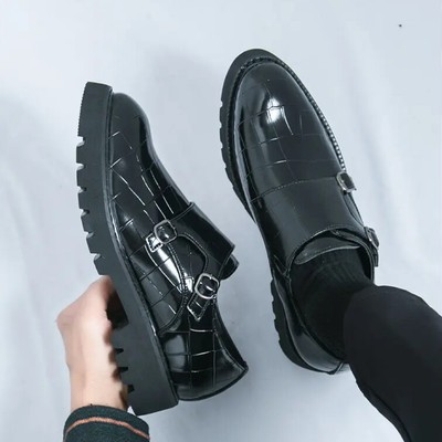 Mens Thick-soled Buckle Stone Pattern Faux Leather Party Dress Business Shoes sz