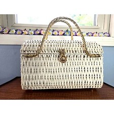 60s Vintage Koret White Wicker Large Handbag Leather/Gold Interior Made in Italy