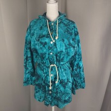 Vtg Catalina Jacket Womens M L Teal Abstract Print Hooded Anorak Windbreaker