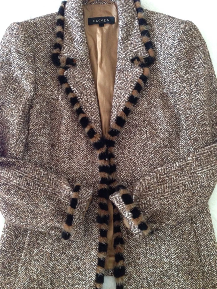 LUXUS COUTURE ESCADA TWEED Blazer PELZ Mink NERZ 38/40 NP3120,LANDHAUS gold brok - Bild 1 von 1
