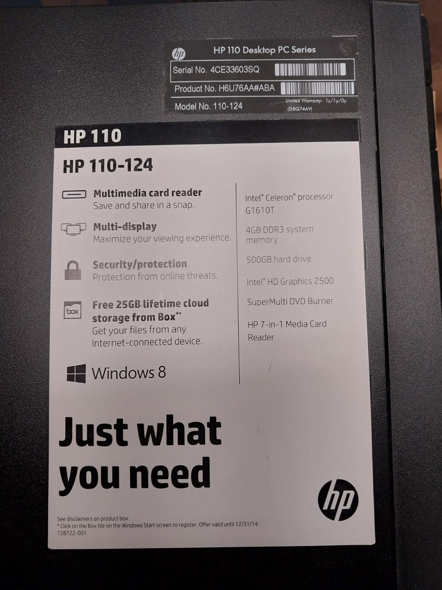 HP 110 Desktop PC computer 110-124 Intel Celeron G1310T 4GB Ram
