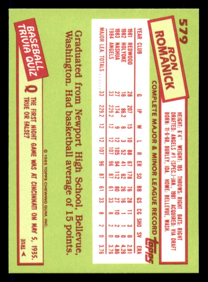 1985 Topps Tiffany #579 Ron Romanick NM-Mint Angels ID:367727 | eBay
