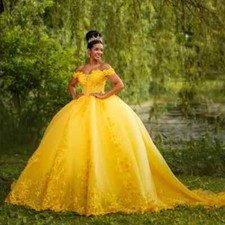 Mexico Yellow Shiny Ball Gown Quinceanera Dresses Applique Tull Sweet 16 Lace Up