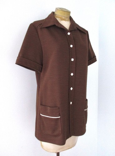 Blusa de Colección Años 60 70 Marrón Tejido Calzoncillo Top Esteticista Uniforme Botones Cuadrados L/XL - Imagen 3 de 7