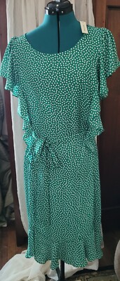 max studio green polka dot dress Max Studio Dress S Green and White Polka Dot Print Silky Belted Flutter Sleeve