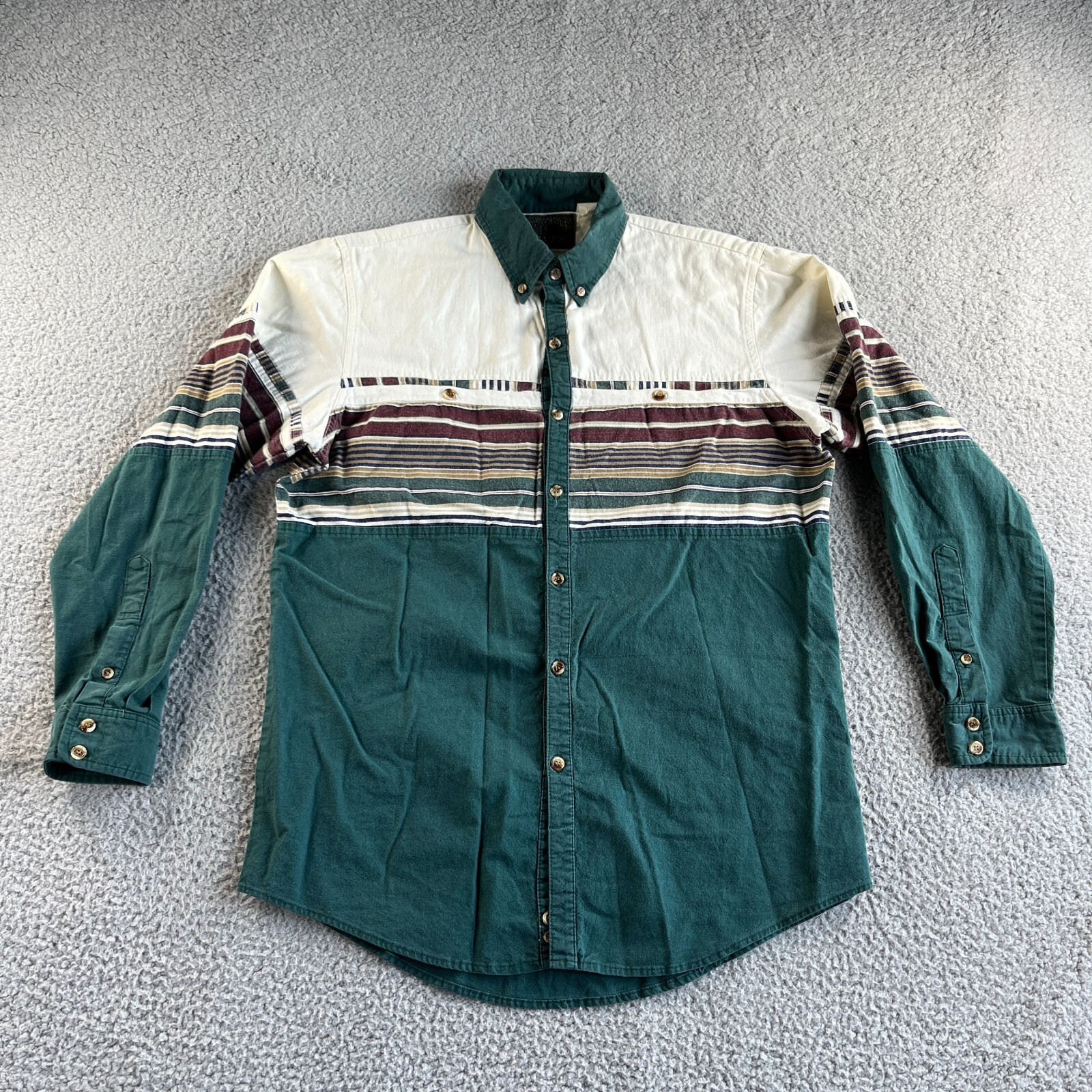 Vintage Spindle River Shirt Mens Medium Green Ivory Striped Western Cowboy USA