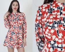 Vtg 60s 70s Cocktail Party Mod Mini Dress Geometric Print Go Go House Frock
