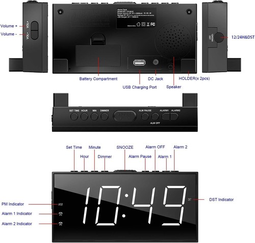 Alarm Clock for Bedroom, 2 Alarms Loud, LED,Digital Clock with USB Charging Port - Picture 3 of 7