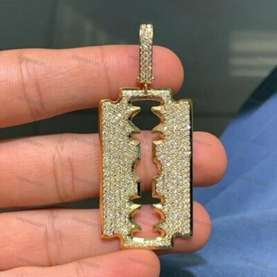 1.40ct Round Moissanite Men's Fashion Razor Blade Pendant 14k Silver Gold Plated