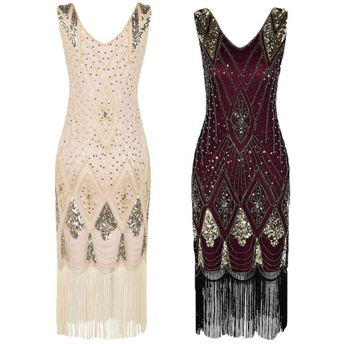 Abito da festa vintage donna anni '20 paillettes perline nappa frangia flapper abito da festa