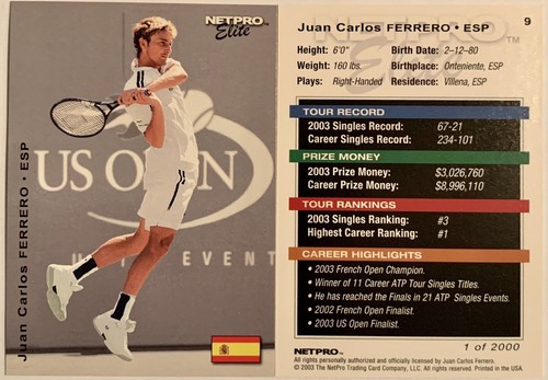 Juan Carlos Ferrero #9 2003 NetPro Elite 2000 card