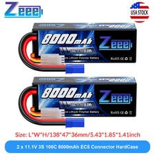 2x Zeee 3S LiPo Battery 8000mAh 11.1V 100C EC5 for 1/8 1/10 RC Car Truggy Buggy