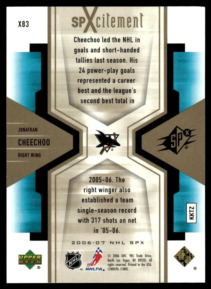 2006-07 SPx SPxcitement Jonathan Cheechoo 013/999 San Jose Sharks #X83 - Image 2 of 2