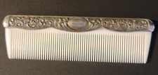 Vintage Embossed Ornate Silver Plate Beige Early Plastic 4" Hair Comb Vanity
