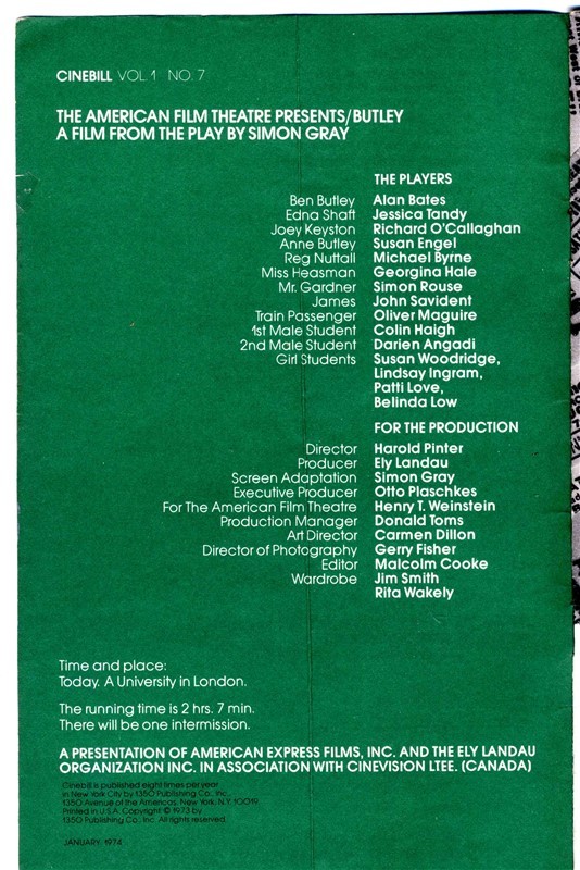 The American Film Theatre Cinebill Simon Gray's Butley 