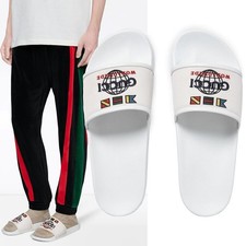 GUCCI SHOES MENS PURSUIT SLIDES WORLDWIDE EMBROIDERED LOGO FLIP FLOPS 8G US8-8.5