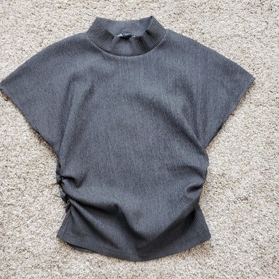 ZARA Blouse Womens M Gray Kimono Mock Neck Short Sleeve Stretch Pullover Ladies