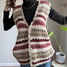 vintage handmade crochet vest scalloped edge stripe burgundy cream boho