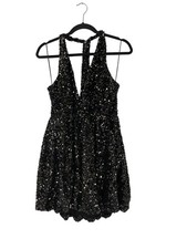Zara Womens Sequin Balloon Mini Dress XL Black Silver V-Neck 9808/574 NWT