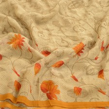 Sanskriti Vintage Saree Beige Pure Georgette Silk Printed Sari 5Yd Craft Fabric