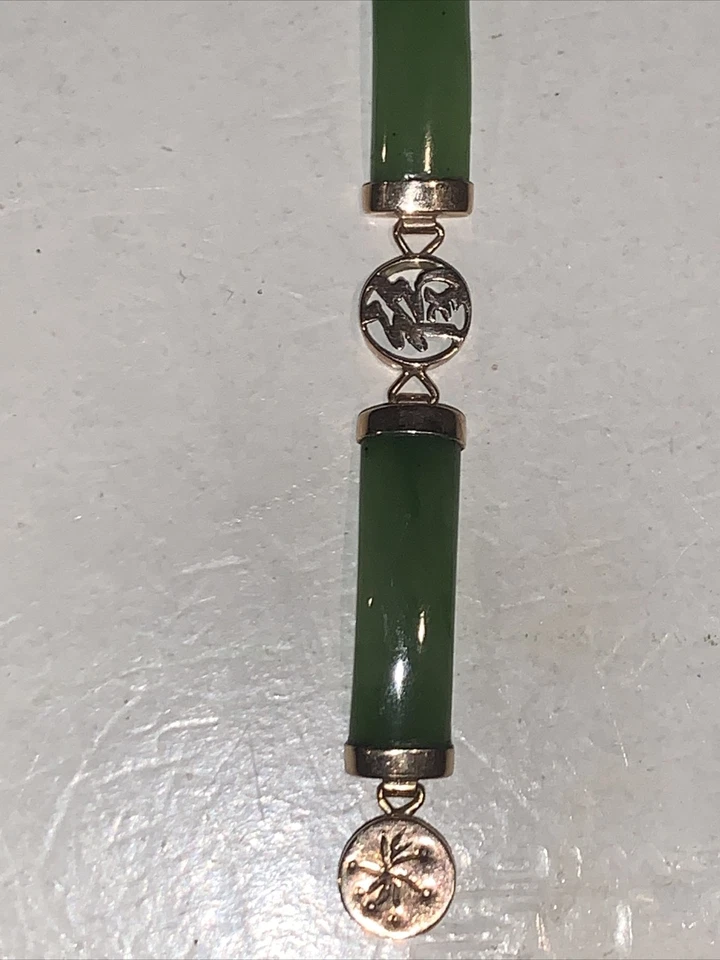 Brazalete Oro 14K Verde Piedra Dura Jadeíta Personajes Chinos 8.9G TW Foto 3 de 4