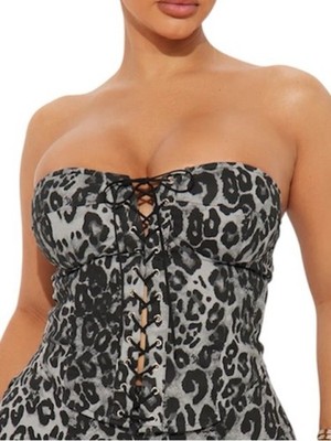 Fashion Nova Lucid Leopard Corset Tube Top Charcoal Tie Front Zipper Closure