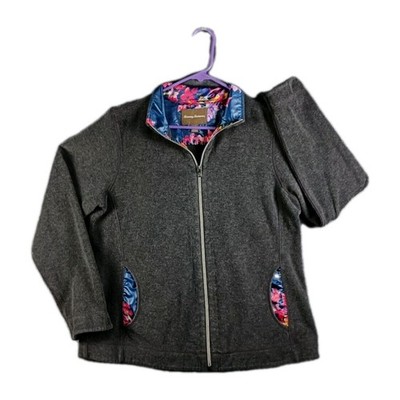 *Tommy Bahama Jacket Women Large Gray Ribbed Knit Floral Zip Up Resort Layer