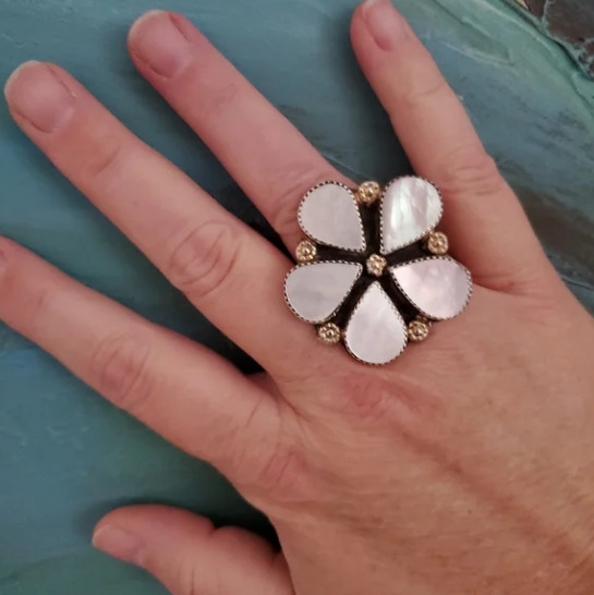 Sterling MOP Five Petal Ring, Native American Mad… - image 5
