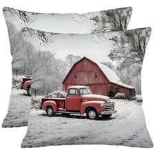 Set of 2 Red Truck Christmas Pillow Covers 18x18 Inch   Rustic Barn and Winte...