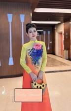 Ao Dai Vietnamese, Silk Designer Flowers Long Dress With Pants. Size L