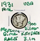 1931 Mercury Dime XF - .900 Silver US Coin - Rare Key Date Low Mintage 3.1M