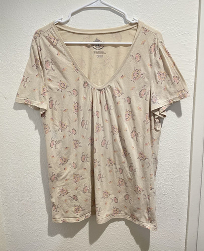 Route 66 Women XL Pastel Floral Ruched V-Neck Tee Shirt Cream Pink Coquette Y2K